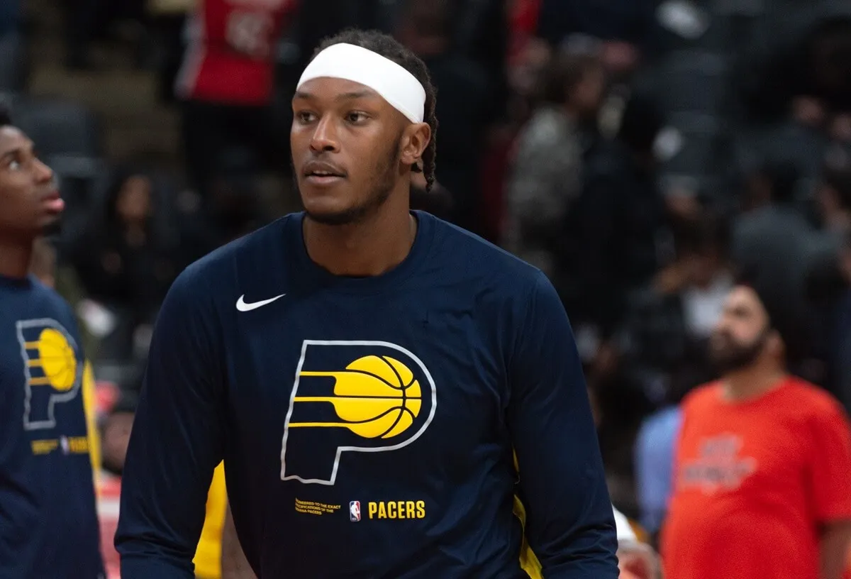 Myles Turner of the Indiana Pacers warms up before a game